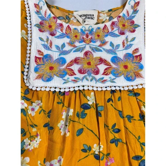 Savanna Jane Cottagecore Yellow Floral Embroidered Boho Pom Pom Trim Blouse M - Picture 2 of 13